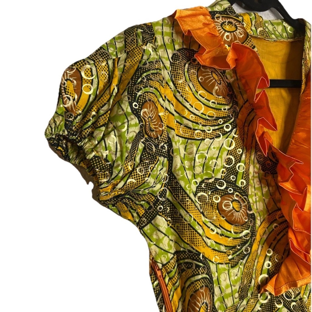 VTG Handmade African Print Maxi Dress Ruffle Puff Sleeve Boho Festival S/M - Picture 7 of 14